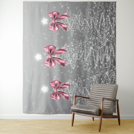 Christmas Sparkling Trees Silver Faux Pink Bow  Wandkleed (In situ)