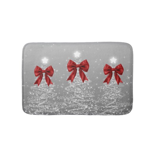 Christmas Sparkling Trees Silver Faux Red Bow Badmat (Voorkant)