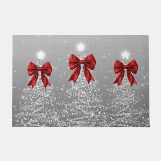 Christmas Sparkling Trees Silver Faux Red Bow Deurmat (Voorkant)