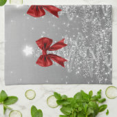 Christmas Sparkling Trees Silver Faux Red Bow  Theedoek (Gevouwen)