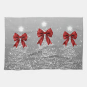 Christmas Sparkling Trees Silver Faux Red Bow  Theedoek (Horizontaal)