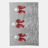 Christmas Sparkling Trees Silver Faux Red Bow  Theedoek (Verticaal)