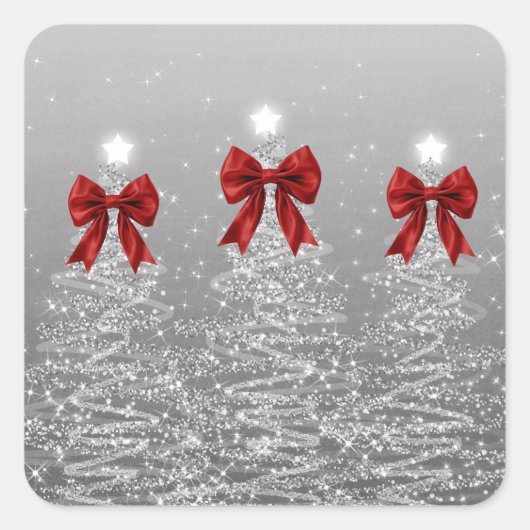 Christmas Sparkling Trees Silver Faux Red Bow  Vierkante Sticker (Voorkant)