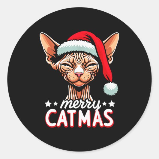 Christmas Sphynx Cat Merry Catmas Santa Hat Xmas  Ronde Sticker (Voorkant)