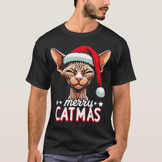 Christmas Sphynx Cat Merry Catmas Santa Hat Xmas  T-shirt (Voorkant)