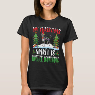 Christmas Spirit is een bluetick coonhound die een T-shirt
