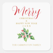 Christmas Sprig Holly Green Leaves & Red Berries Vierkante Sticker (Voorkant)