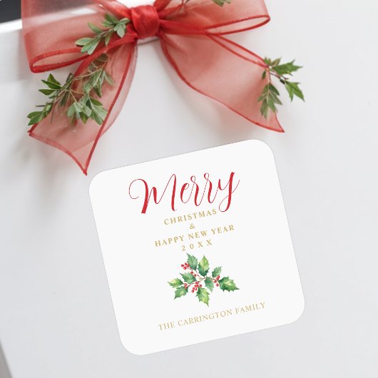 Christmas Sprig Holly Green Leaves & Red Berries Vierkante Sticker