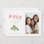 Christmas Sprig Holly Leaves Red Berries Photo Feestdagenkaart (Voorkant)