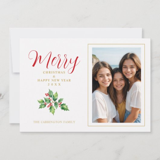 Christmas Sprig Holly Leaves Red Berries Photo Feestdagenkaart (Voorkant)