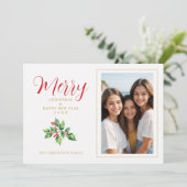 Christmas Sprig Holly Leaves Red Berries Photo Feestdagenkaart (Staand voorkant)