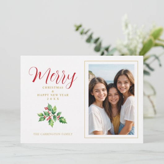 Christmas Sprig Holly Leaves Red Berries Photo Feestdagenkaart (Staand voorkant)