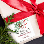Christmas Spring Berries Homemade Just For You Vierkante Sticker<br><div class="desc">This beautiful sticker features classic Christmas greenery sprig berries werath with a script,  classic and modern typography. Great for homemade goods for this foliday season.</div>