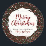 Christmas Sprinkles Chocolate Custom Label Sticker<br><div class="desc">Kerst Sprinkled Chocolate Sticker met kerst thema chocolade achtergrond,  met rode,  groene en witte sprinkles en witte ijsjes. Product bevat een sjabloon om aan te passen met jouw naam en bericht.</div>