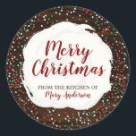 Christmas Sprinkles Chocolate Custom Label Sticker<br><div class="desc">Kerst Sprinkled Chocolate Sticker met kerst thema chocolade achtergrond,  met rode,  groene en witte sprinkles en witte ijsjes. Product bevat een sjabloon om aan te passen met jouw naam en bericht.</div>