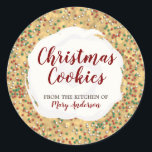 Christmas Sprinkles Cookie Custom Label Stickers<br><div class="desc">Kerst Sprinkled Cookie Sticker met kerst thema cookie achtergrond,  met rode,  groene en witte sprinkles en witte ijsjes. Product bevat een sjabloon om aan te passen met jouw naam en bericht.</div>