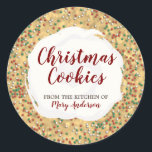 Christmas Sprinkles Cookie Custom Label Stickers<br><div class="desc">Kerst Sprinkled Cookie Sticker met kerst thema cookie achtergrond,  met rode,  groene en witte sprinkles en witte ijsjes. Product bevat een sjabloon om aan te passen met jouw naam en bericht.</div>