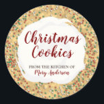 Christmas Sprinkles Cookie Custom Label Stickers<br><div class="desc">Kerst Sprinkled Cookie Sticker met kerst thema cookie achtergrond,  met rode,  groene en witte sprinkles en witte ijsjes. Product bevat een sjabloon om aan te passen met jouw naam en bericht.</div>