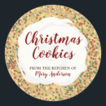 Christmas Sprinkles Cookie Custom Label Stickers<br><div class="desc">Kerst Sprinkled Cookie Sticker met kerst thema cookie achtergrond,  met rode,  groene en witte sprinkles en witte ijsjes. Product bevat een sjabloon om aan te passen met jouw naam en bericht.</div>