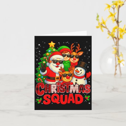 Christmas Squad Plaid Santa Snowman Elf Rudolph Xm Kaart (Gele Bloem)