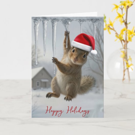 Christmas Squirrel Hanging From an Icicle Kaart (Gele Bloem)