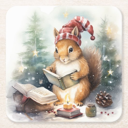Christmas Squirrel reading Kartonnen Onderzetters (Voorkant)