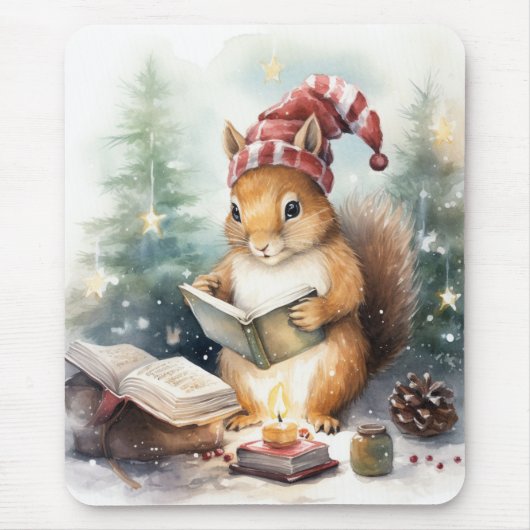 Christmas Squirrel reading Muismat (Voorkant)