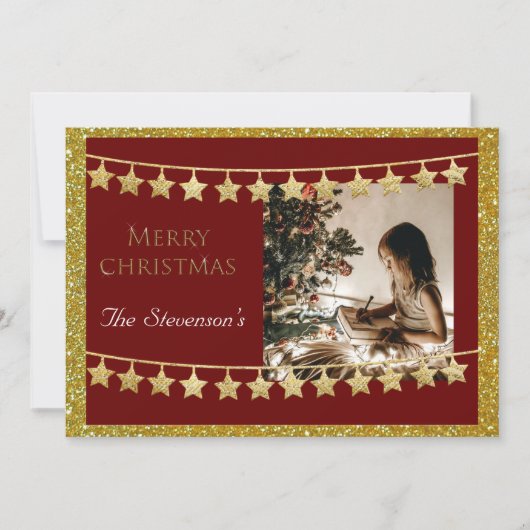 Christmas Star Garland Photo Red Name Personalize Feestdagenkaart (Voorkant)