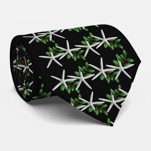 Christmas Starfish Black pattern tie Stropdas (Opgerold)