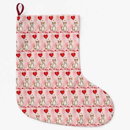 Christmas Stocking, Cat Red Hearts Love Grote Kerstsok (Voorkant)