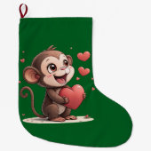 Christmas Stocking, Monkey Red Hearts Love Grote Kerstsok (Voorkant)