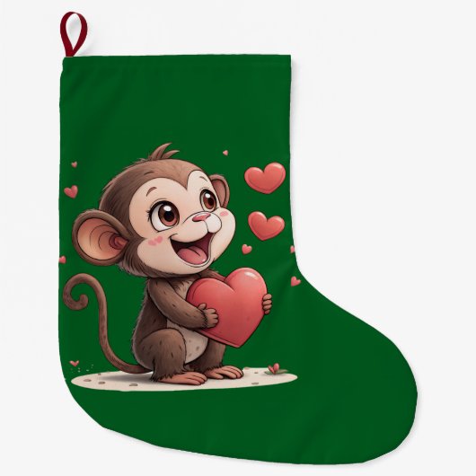 Christmas Stocking, Monkey Red Hearts Love Grote Kerstsok (Voorkant)
