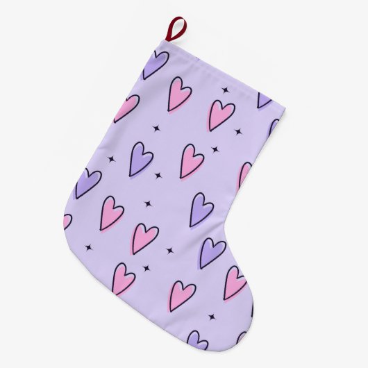 Christmas Stocking, Pink Purple Hearts Love Grote Kerstsok (Voorkant (Hangend))