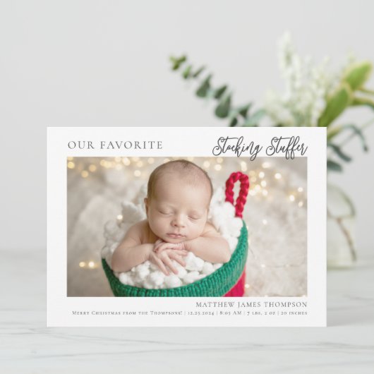 Christmas Stocking Stuffer Modern Funny Photo Baby Aankondiging (Staand voorkant)