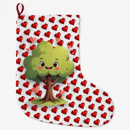 Christmas Stocking, Tree Red Hearts Love Grote Kerstsok (Voorkant)