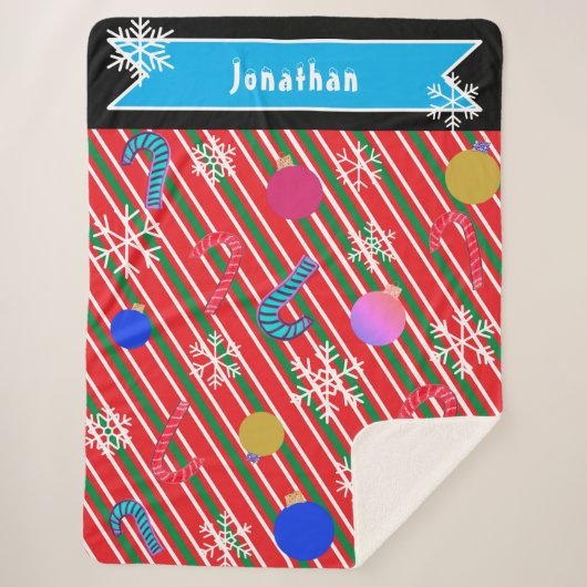 Christmas Stripes Candy Canes Ornaments Name Sherpa Deken (Voorkant)
