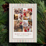 Christmas Stripes Foto Collage Vakantie Kaart<br><div class="desc">Creëer uw eigen aangepaste fotocollage kerstkaarten met acht van uw favoriete familie afbeeldingen naast gepersonaliseerde minimalistische typografie namen en jaar op een eenvoudige strepen achtergrond in rood groen en gouden vakantie kleuren. Voeg op de achterkant van deze kaart je eigen oprechte boodschap toe aan vrienden en familie.</div>
