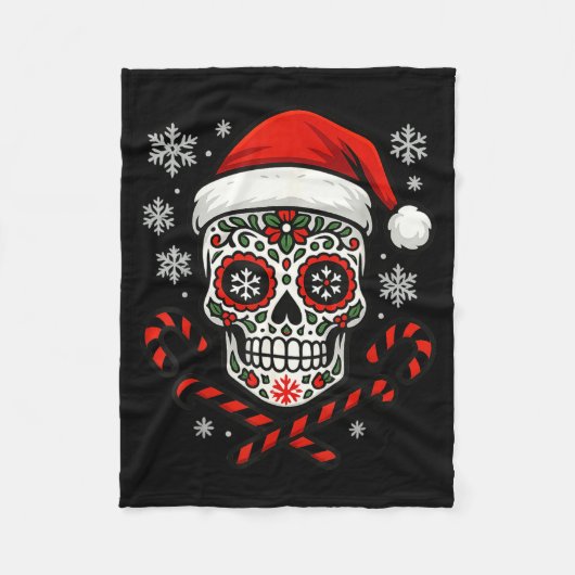 Christmas Sugar Calavera Skull Santa Hat Candy Can Fleece Deken (Voorkant)