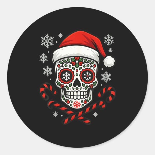 Christmas Sugar Calavera Skull Santa Hat Candy Can Ronde Sticker (Voorkant)