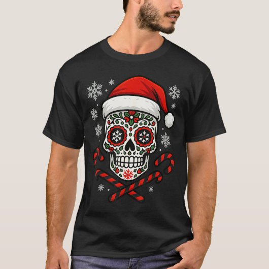 Christmas Sugar Calavera Skull Santa Hat Candy Can T-shirt (Voorkant)
