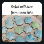 Christmas Sugar Cookies Package Sticker<br><div class="desc">Maak uw zelfgemaakte kerstcadeaus klaar met deze decoratieve labels. Ze tonen suikerkoekjes in de vorm van sterren en sneeuwpoppen,  versierd met blauwe en groene bonte koninklijke ijsjes. Personaliseer ze door jouw namen toe te voegen.</div>