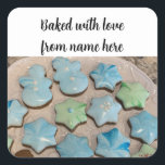 Christmas Sugar Cookies Package Sticker<br><div class="desc">Maak uw zelfgemaakte kerstcadeaus klaar met deze decoratieve labels. Ze tonen suikerkoekjes in de vorm van sterren en sneeuwpoppen,  versierd met blauwe en groene bonte koninklijke ijsjes. Personaliseer ze door jouw namen toe te voegen.</div>