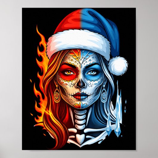 Christmas Sugar Skull Art Woman Santa Hat Fantasy  Poster (Voorkant)