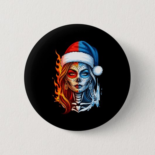 Christmas Sugar Skull Art Woman Santa Hat Fantasy  Ronde Button 5,7 Cm (Voorkant)