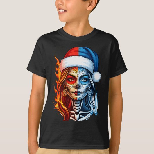 Christmas Sugar Skull Art Woman Santa Hat Fantasy  T-shirt (Voorkant)