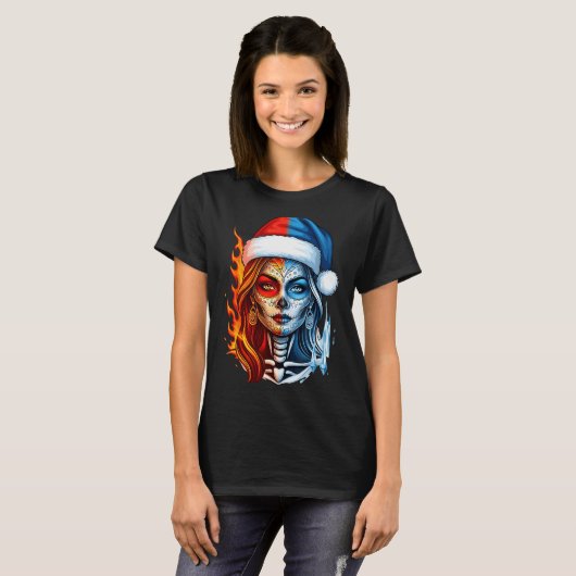 Christmas Sugar Skull Art Woman Santa Hat Fantasy  T-shirt (Voorkant volledig)