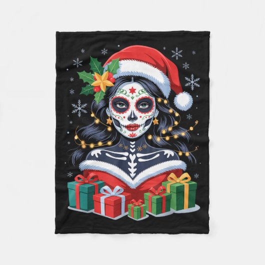 Christmas Sugar Skull Art Woman Santa Hat Festive  Fleece Deken (Voorkant)