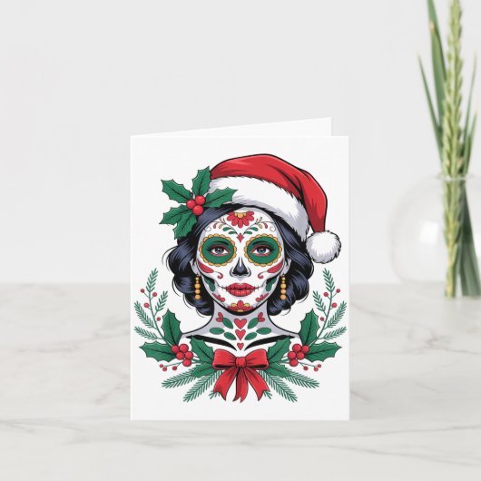 Christmas Sugar Skull Art Woman Santa Hat Festive  Kaart (Voorkant)