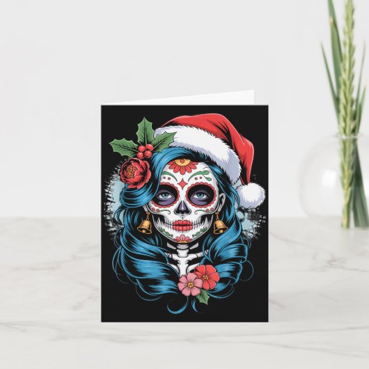 Christmas Sugar Skull Art Woman Santa Hat Festive  Kaart (Voorkant)