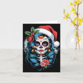 Christmas Sugar Skull Art Woman Santa Hat Festive  Kaart (Gele Bloem)